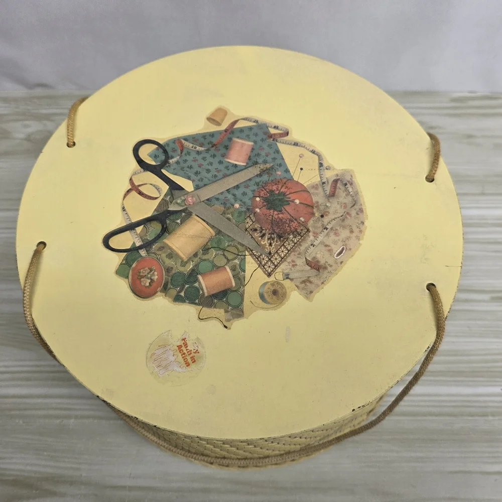 Vintage Soft Yellow Wicker Sewing Basket